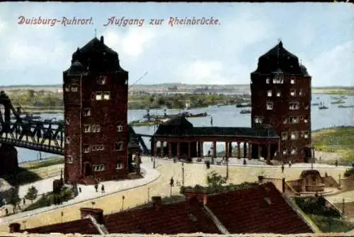 Ak Duisburg im Ruhrgebiet, Rheinbrücke, Aufgang, Flusspartie, Gebäude