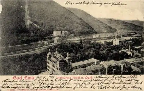 Ak Bad Ems an der Lahn, Viertürme-Hotel, Park