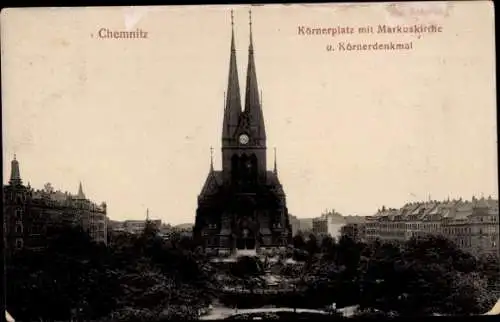 Ak Chemnitz in Sachsen, Körnerplatz, Markuskirche, Körnerdenkmal