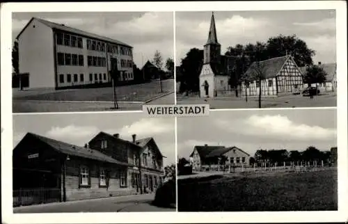 Ak Weiterstadt in Hessen, Teilansichten, Kirche, Fachwerkhaus