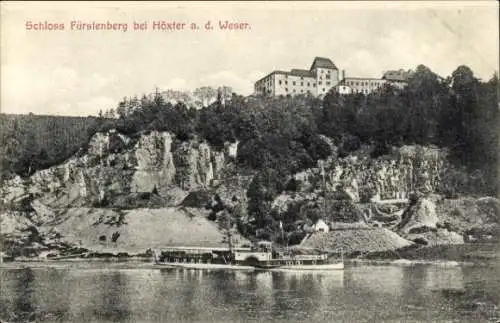 Ak Fürstenberg bei Höxter an der Weser, Blick auf das Schloss, Dampfer