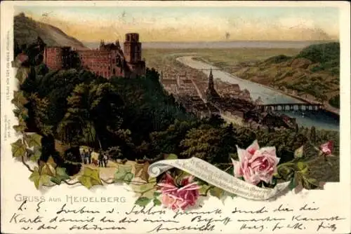 Litho Heidelberg am Neckar, Schloss, Panorama, Rosen, Alt Heidelberg du Feine