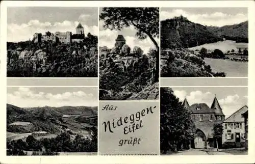 Ak Nideggen Eifel, Burg, Straßenpartie, Tor, Felder, Wald, Berghang