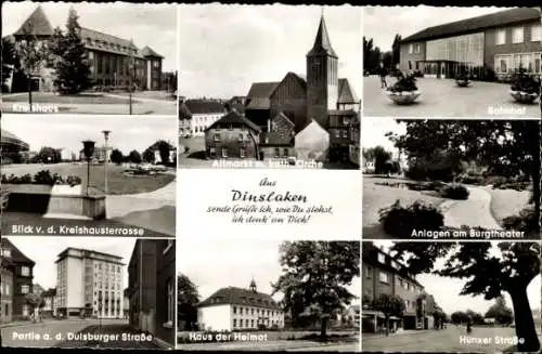 Ak Dinslaken am Niederrhein, Altmarkt, Kirche, Bahnhof, Haus der Heimat, Straßenpartien