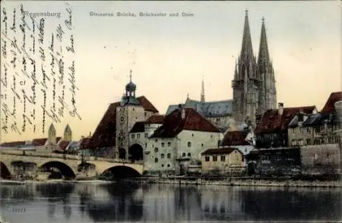 Ak Regensburg an der Donau Oberpfalz, Steinerner Brücke, Brückentor, Dom