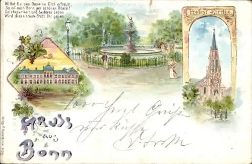 Litho Bonn am Rhein, Poppelsdorfer Allee, Schloss, Kirche