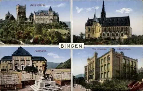 Ak Bingen am Rhein, Burg Klopp, Festhalle, Rheinisches Technikum, Kirche