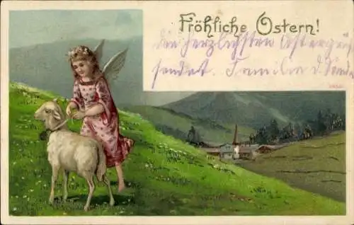 Litho Glückwunsch Ostern, Engel, Lamm, Wiese