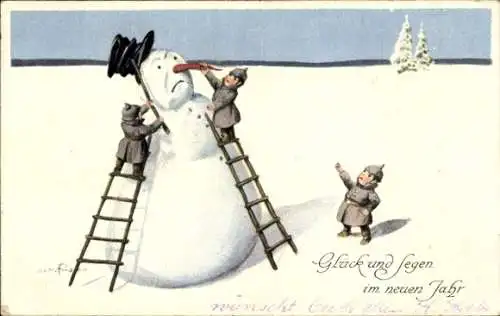 Künstler Ak Hofmann, Glückwunsch Neujahr, Kleine Soldaten bauen einen Schneemann