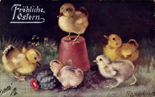 Künstler Ak Hildebrandt, F., Glückwunsch Ostern, Küken, Blumentopf, Kaktus