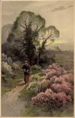 Ak Frau auf dem Weg nach Hause, Wiese, Bäume