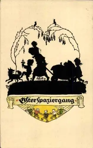 Scherenschnitt Künstler Ak Plischke, Georg, Oster-Spaziergang, Frau, Kinder, Hund