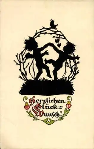 Scherenschnitt Künstler Ak Plischke, Glückwunsch, Engel tanzen, Singvogel auf Zweig