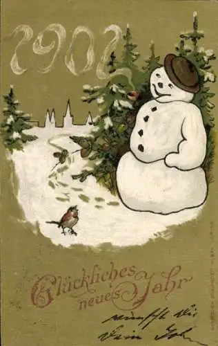 Präge Litho Glückwunsch Neujahr 1902, Schneemann, Pfeife, Rotkelchen, Tannen