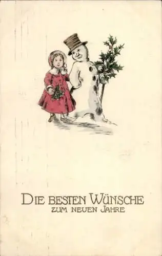 Ak Glückwunsch Neujahr, Mädchen, Schneemann, Stechpalme