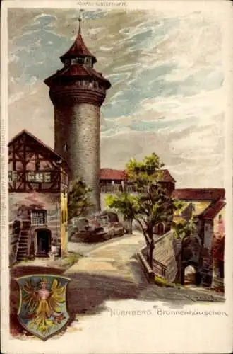 Präge Wappen Künstler Litho Nürnberg in Mittelfranken Bayern, Brunnenhäuschen