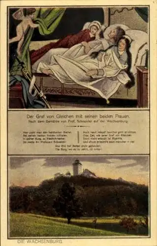 Künstler Ak Schneider, Graf von Gleichen mit seinen zwei Frauen im Bett, Wachsenburg, Außenansicht