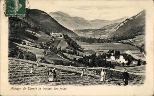 Ak Plancherine Savoie, Kloster Tamié, Panorama, Feldarbeit