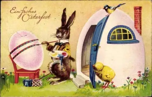 Ak Glückwunsch Ostern, Osterhase bemalt ein Ei, Küken