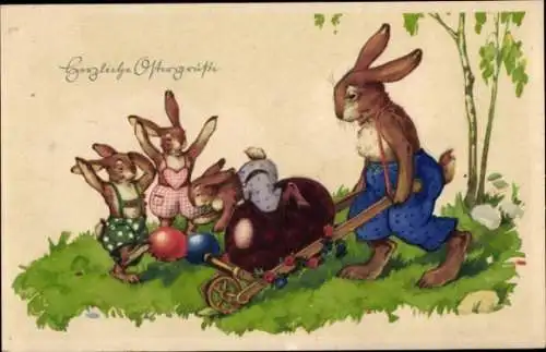 Ak Glückwunsch Ostern, Vermenschlichte Hasen mit Schubkarre, Ostereier