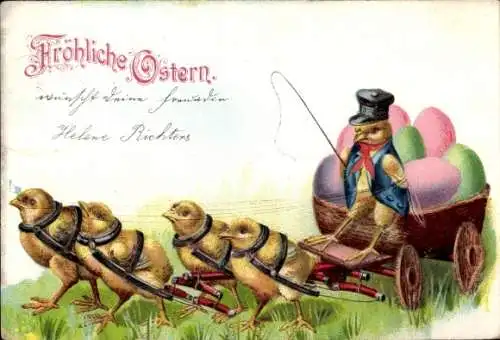 Ak Glückwunsch Ostern, Küken ziehen Kutsche, Ostereier, Kutscher