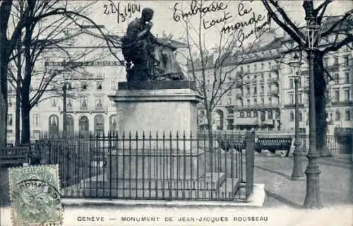 Ak Genf Genf, Denkmal von Jean Jacques Rousseau