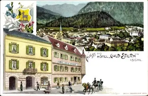 Litho Bad Ischl in Oberösterreich, Hotel Goldstern, Totalansicht, Wappen