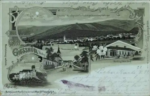 Mondschein Litho Gießhübel in Niederösterreich, Burg Liechtenstein, Hauptstraße