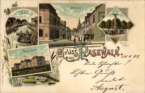 Litho Pasewalk in Mecklenburg Vorpommern, Kriegerdenkmal, Marktstraße, Kaserne