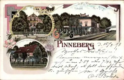 Litho Pinneberg in Schleswig Holstein, Bahnhof, Gleisseite, Bahnhofshotel, E. Schulz