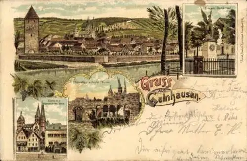 Litho Gelnhausen in Hessen, Gesamtansicht, Kriegerdenkmal, Kirche, ehem. schiefer Turm