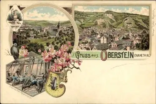 Litho Oberstein an der Nahe, Gesamtansicht, Kirche, Achatschleiferei, Wappen