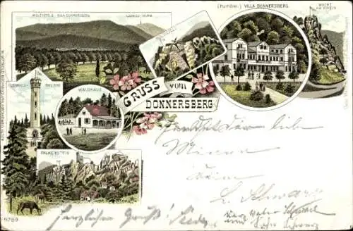 Litho Dannenfels in der Pfalz, Donnersberg, Waldhaus, Ludwigsturm, Kurhotel