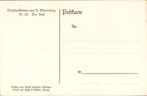 Künstler Ak Wennerberg, Bruno, Der Kuss, Abschied am Bahnhof, Soldaten, Kriegsausmarsch, I. WK