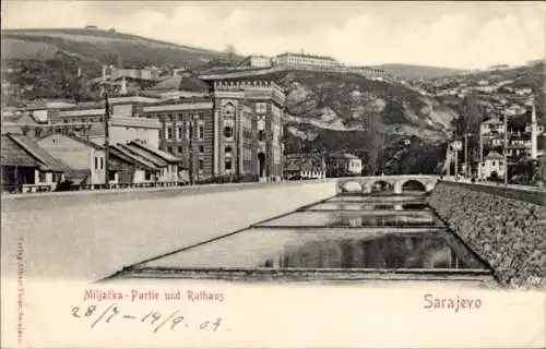 Ak Sarajevo Bosnien Herzegowina, Miljacka, Rathaus