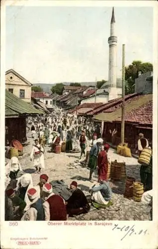 Ak Sarajevo Bosnien Herzegowina, Oberer Marktplatz, Händler und Kunden