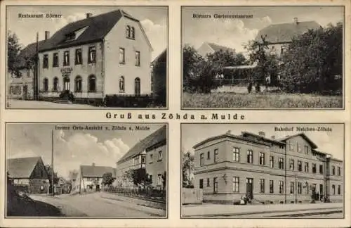 Ak Zöhda Grimma in Sachsen, Restaurant Börner, Straßenpartie, Bahnhof Neichen Zöhda