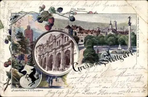 Passepartout Litho Stuttgart in Württemberg, Teilansichten, Schloss, Aussichtsturm