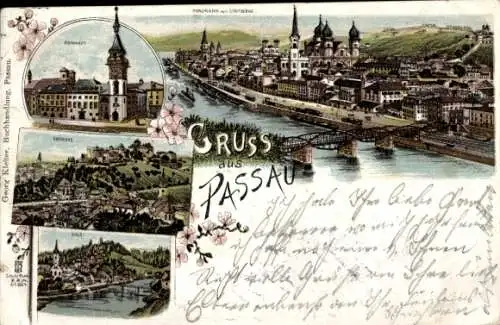 Litho Passau in Niederbayern, Rathaus, Oberhaus, Hals, Panorama vom Stadtberg