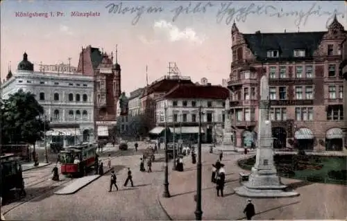 Ak Kaliningrad Königsberg Ostpreußen, Münzplatz, Straßenbahn, Statue