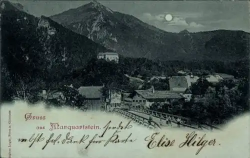 Mondschein Ak Marquartstein im Chiemgau Oberbayern, Gesamtansicht, Brücke