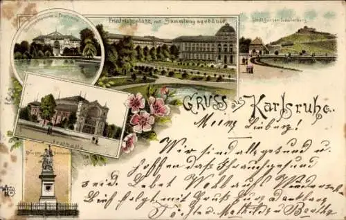 Litho Karlsruhe in Baden, Festhalle, Kriegerdenkmal, Friedrichsplatz mit Sammlungsgebäude