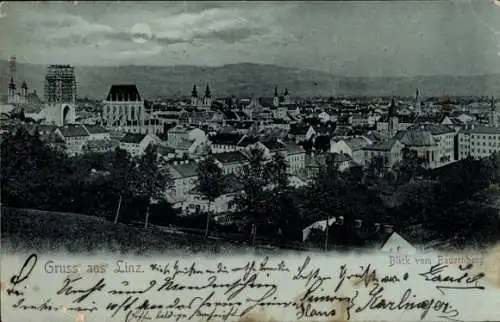 Mondschein Ak Linz an der Donau Oberösterreich, Blick vom Bauernberg