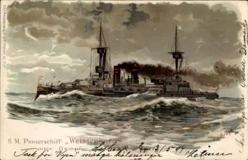 Künstler Litho Deutsches Kriegsschiff, SMS Weissenburg, Panzerschiff