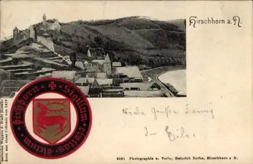 Präge Wappen Ak Hirschhorn Neckar Hessen, Sigillum civitas dirtum, Panorama von der Ortschaft,Siegel