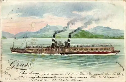 Litho Dampfer Wilhelm auf dem Rhein