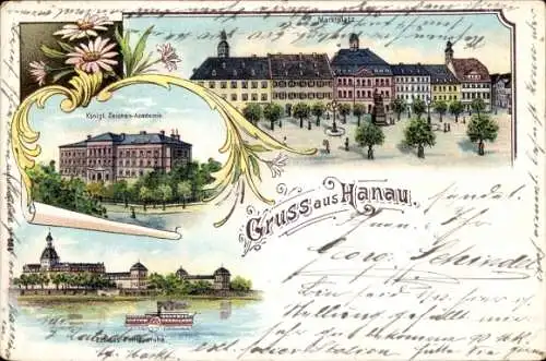 Litho Hanau am Main, Marktplatz, Königliche Zeichen-Akademie, Dampfer