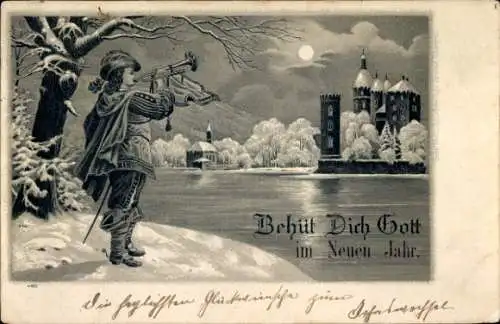 Mondschein Litho Trompeter von Säckingen, Glückwunsch Neujahr