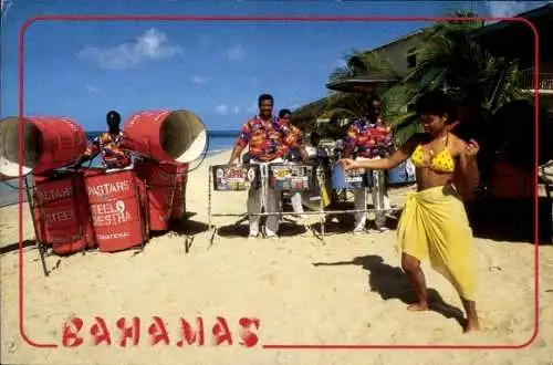 Ak Bahamas, Tänzerin am Strand, Steel Drum Band