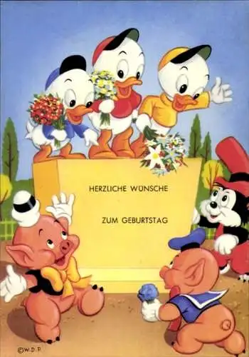 Ak Disney, Tick, Trick und Track, Schweinchen, Blumensträuße, Glückwunsch zum Geburtstag